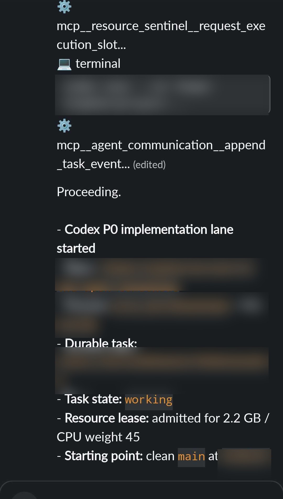 Hermes requesting a Resource Sentinel execution slot before starting Codex