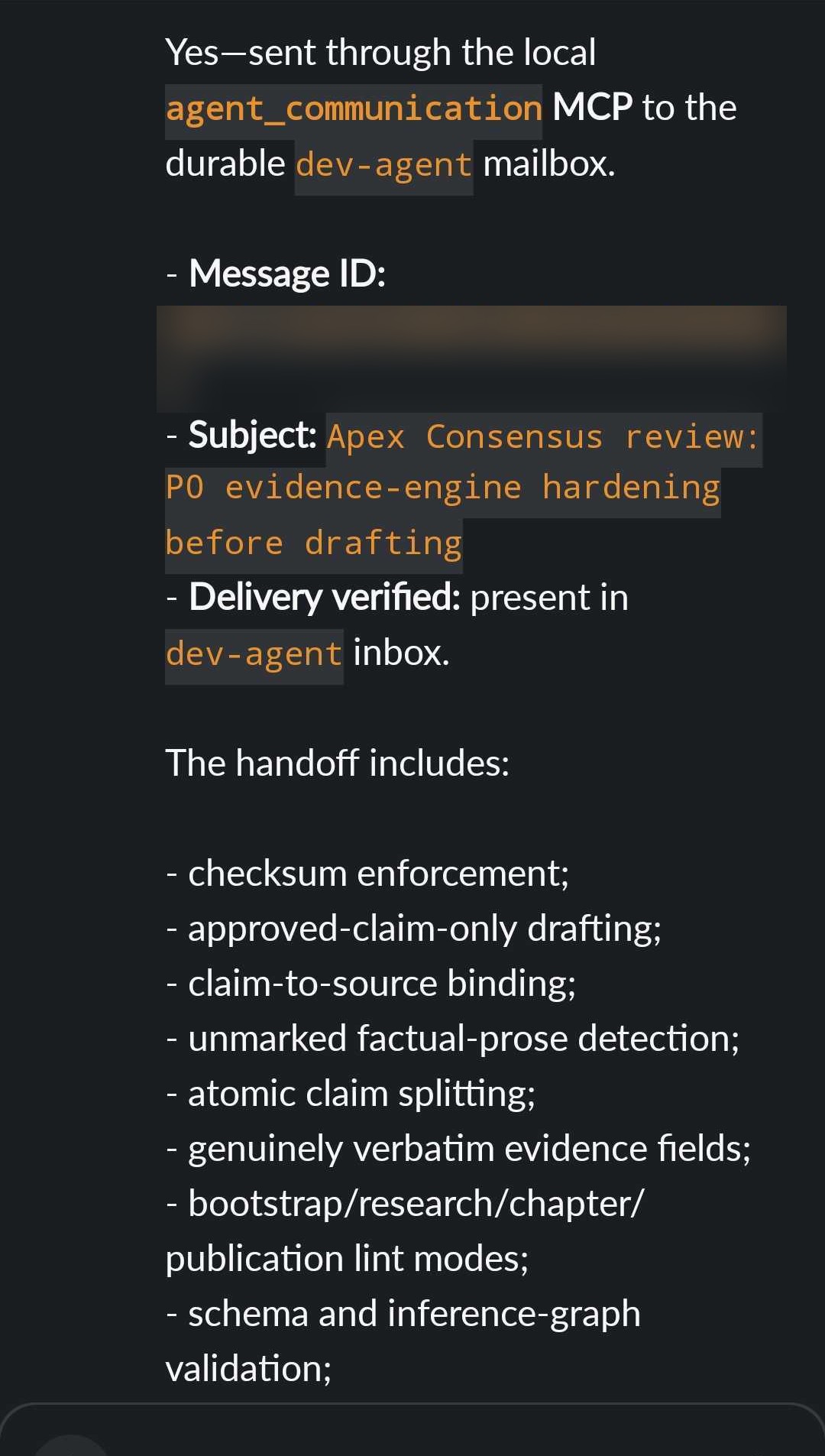 Agent Communication MCP confirming delivery to the development agent mailbox